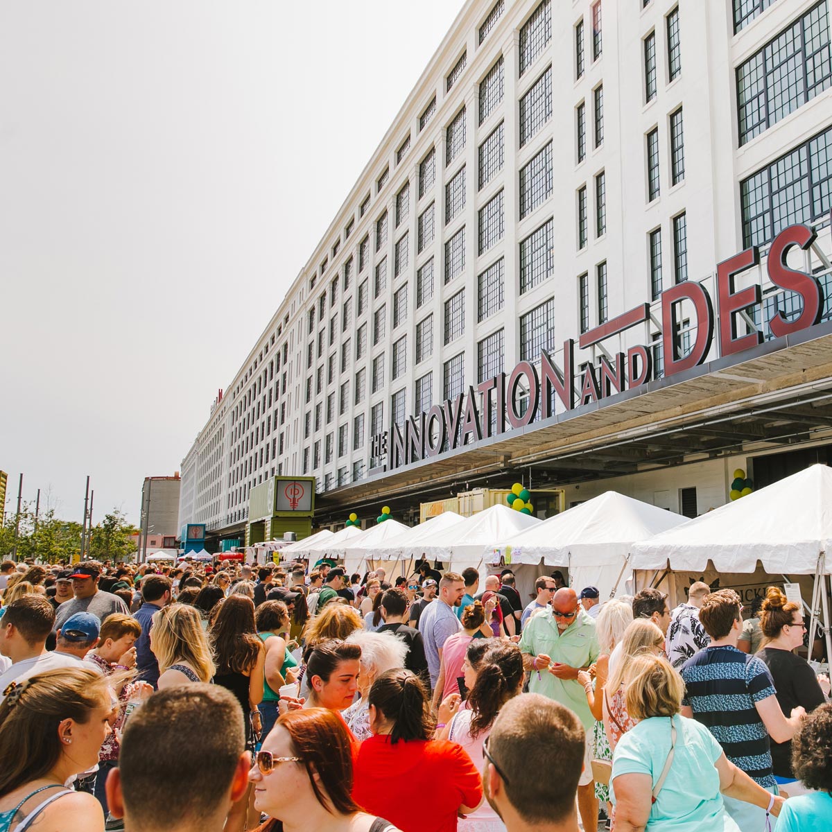 Crowd of people at The Innovation and Design Building at Boston Pickle Fair
